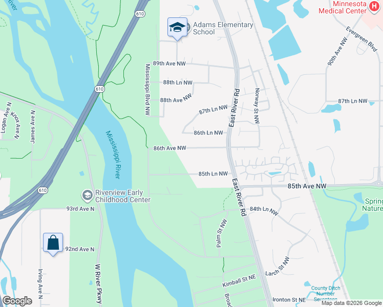 map of restaurants, bars, coffee shops, grocery stores, and more near 928 86th Avenue Northwest in Coon Rapids