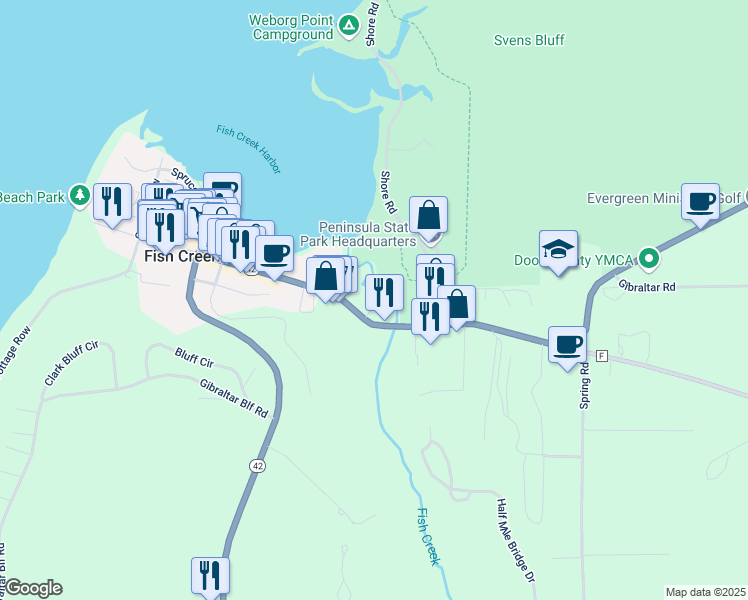 map of restaurants, bars, coffee shops, grocery stores, and more near 4054 Main Street in Fish Creek
