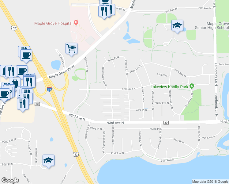 map of restaurants, bars, coffee shops, grocery stores, and more near 15431 95th Avenue North in Maple Grove