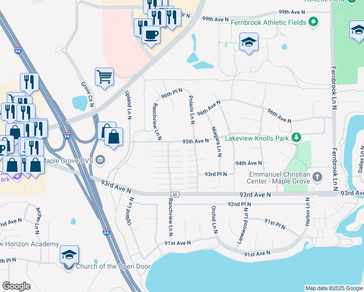 map of restaurants, bars, coffee shops, grocery stores, and more near 9488 Ranchview Lane North in Maple Grove