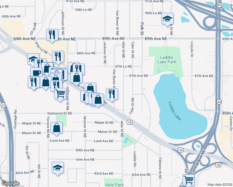 map of restaurants, bars, coffee shops, grocery stores, and more near 8577 Van Buren Street Northeast in Blaine