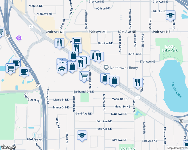 map of restaurants, bars, coffee shops, grocery stores, and more near 634 County Highway 10 in Blaine