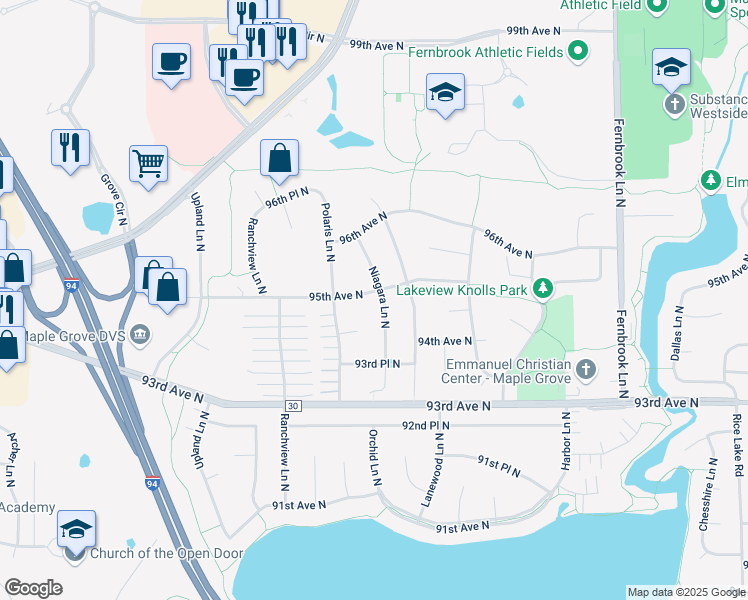 map of restaurants, bars, coffee shops, grocery stores, and more near 9437 Niagara Lane North in Maple Grove