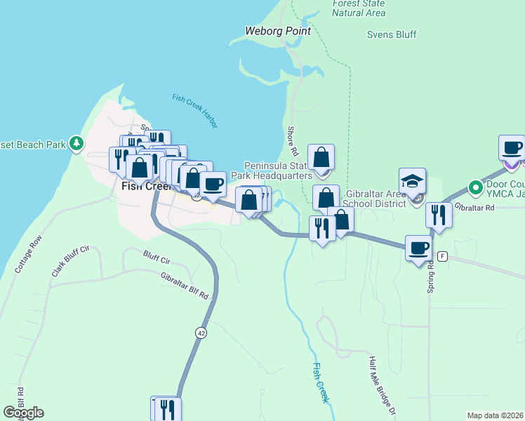map of restaurants, bars, coffee shops, grocery stores, and more near 4075 Main Street in Fish Creek
