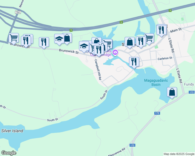 map of restaurants, bars, coffee shops, grocery stores, and more near 32 Campbell Hill Road in Saint George