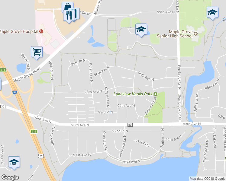 map of restaurants, bars, coffee shops, grocery stores, and more near 9493 Minnesota Lane North in Maple Grove