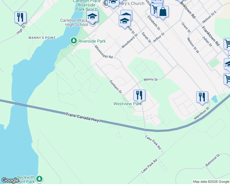 map of restaurants, bars, coffee shops, grocery stores, and more near 104 Dunham Street in Carleton Place
