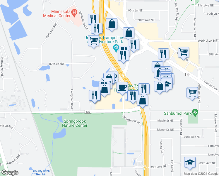 map of restaurants, bars, coffee shops, grocery stores, and more near 8600 Springbrook Drive Northwest in Minneapolis
