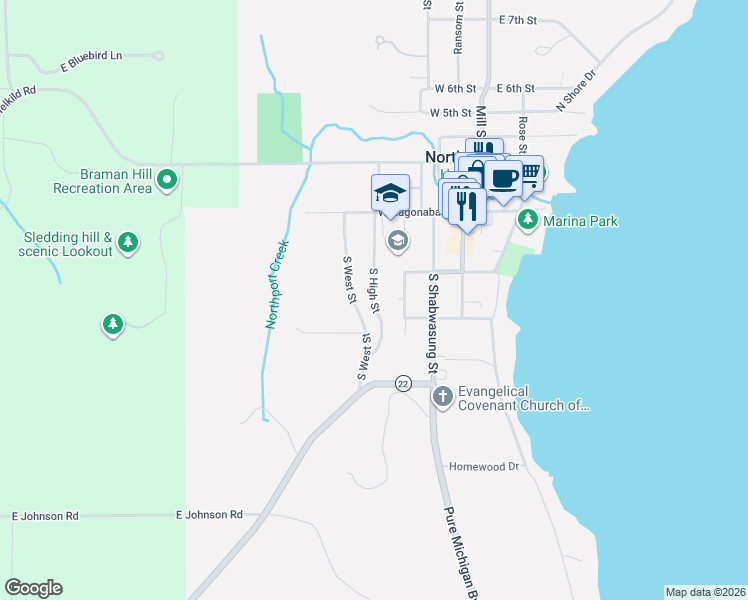 map of restaurants, bars, coffee shops, grocery stores, and more near 213 South High Street in Northport