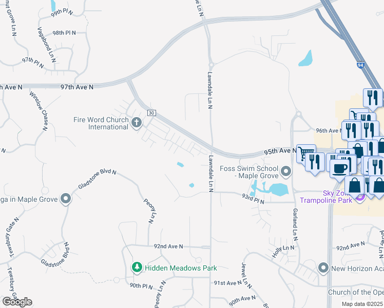 map of restaurants, bars, coffee shops, grocery stores, and more near 17564 96th Avenue North in Osseo