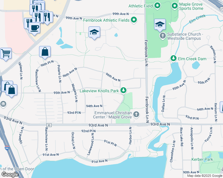 map of restaurants, bars, coffee shops, grocery stores, and more near 14670 95th Avenue North in Maple Grove
