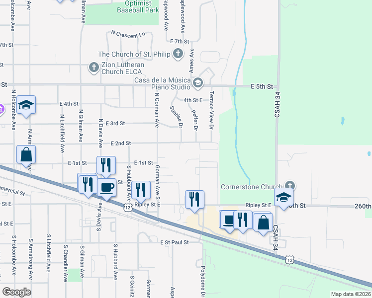 map of restaurants, bars, coffee shops, grocery stores, and more near 902 East 2nd Street in Litchfield