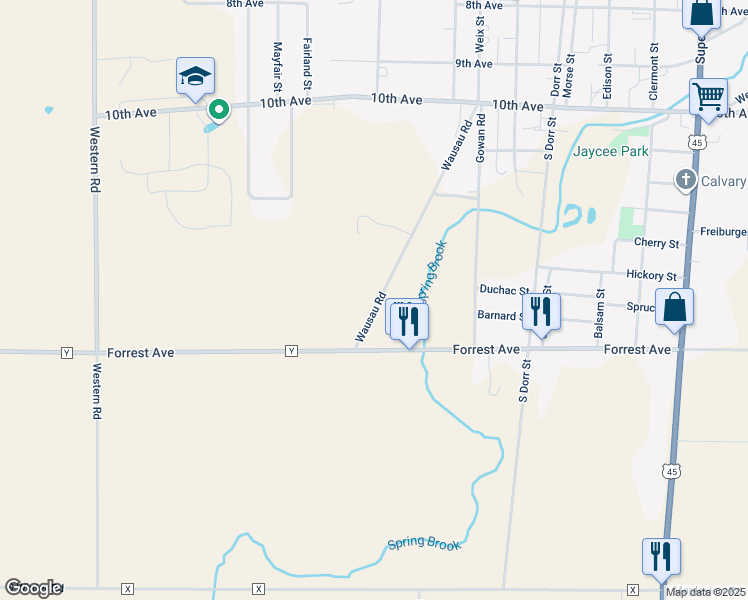 map of restaurants, bars, coffee shops, grocery stores, and more near 634 Wausau Road in Antigo