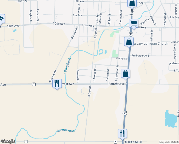 map of restaurants, bars, coffee shops, grocery stores, and more near 604 South Dorr Street in Antigo