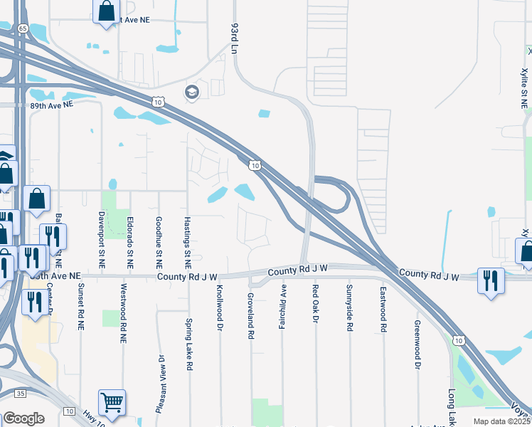 map of restaurants, bars, coffee shops, grocery stores, and more near 93rd Ln in Blaine