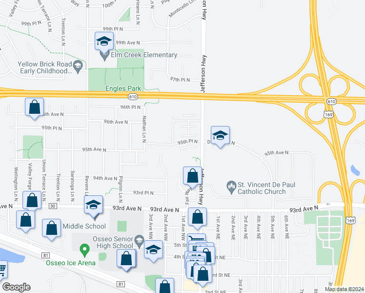 map of restaurants, bars, coffee shops, grocery stores, and more near 9533 Jefferson Highway in Maple Grove
