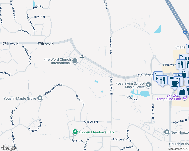 map of restaurants, bars, coffee shops, grocery stores, and more near 17701 96th Avenue North in Osseo