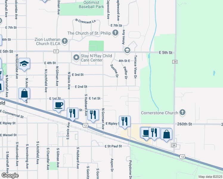 map of restaurants, bars, coffee shops, grocery stores, and more near 805 East 2nd Street in Litchfield