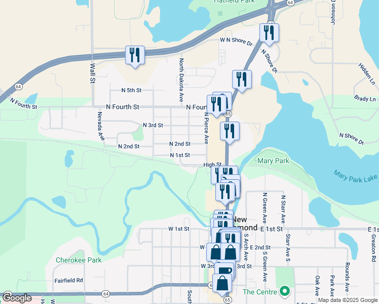 map of restaurants, bars, coffee shops, grocery stores, and more near 269 North 1st Street in New Richmond
