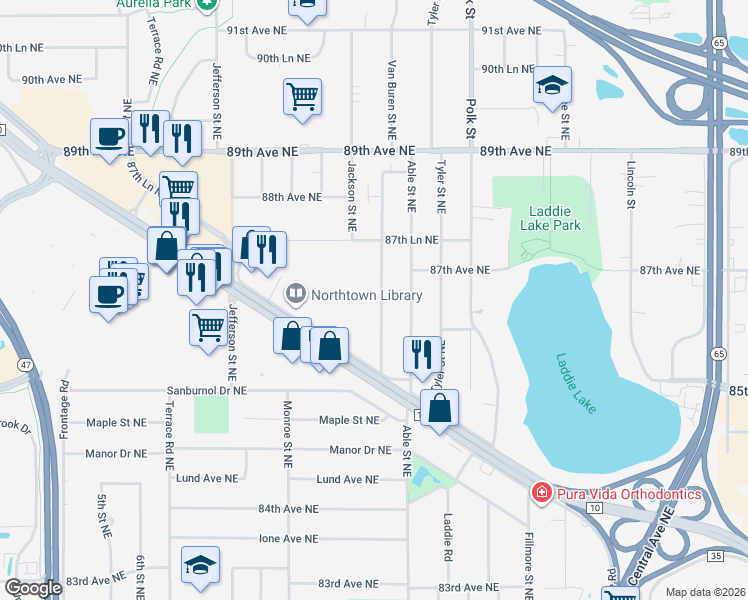 map of restaurants, bars, coffee shops, grocery stores, and more near 8670 Van Buren Street Northeast in Blaine