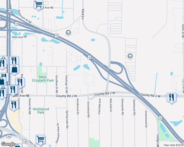 map of restaurants, bars, coffee shops, grocery stores, and more near 93rd Ln in Blaine