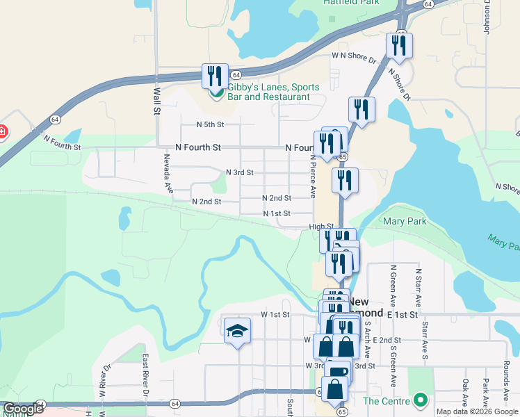 map of restaurants, bars, coffee shops, grocery stores, and more near 407 North 1st Street in New Richmond