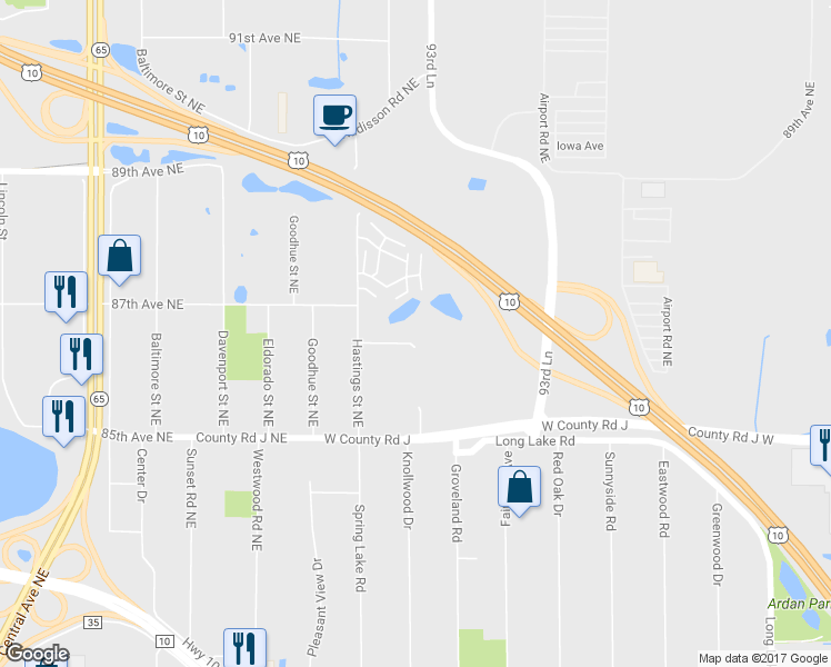 map of restaurants, bars, coffee shops, grocery stores, and more near 1873 86th Lane Northeast in Blaine