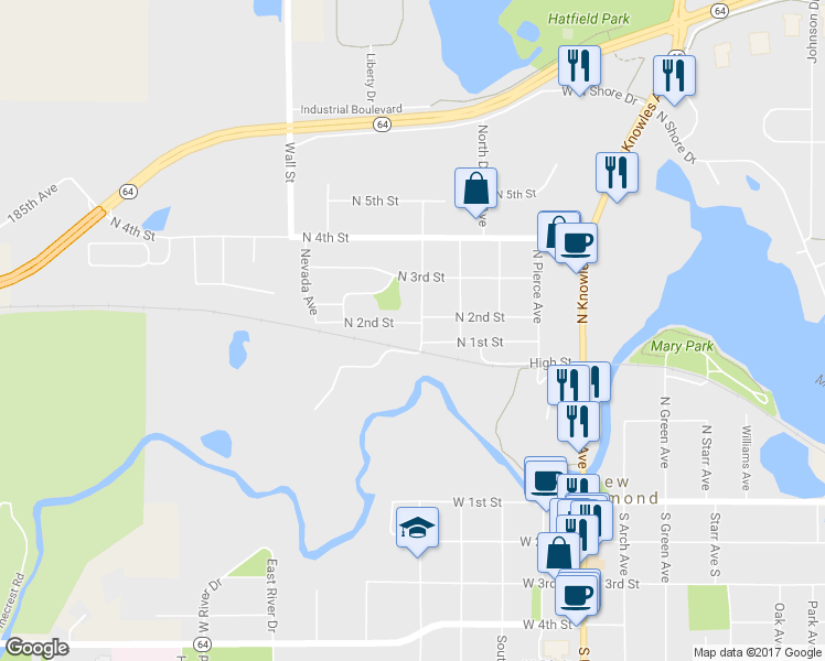 map of restaurants, bars, coffee shops, grocery stores, and more near 507 North Washington Avenue in New Richmond