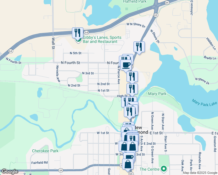 map of restaurants, bars, coffee shops, grocery stores, and more near 269 North 1st Street in New Richmond