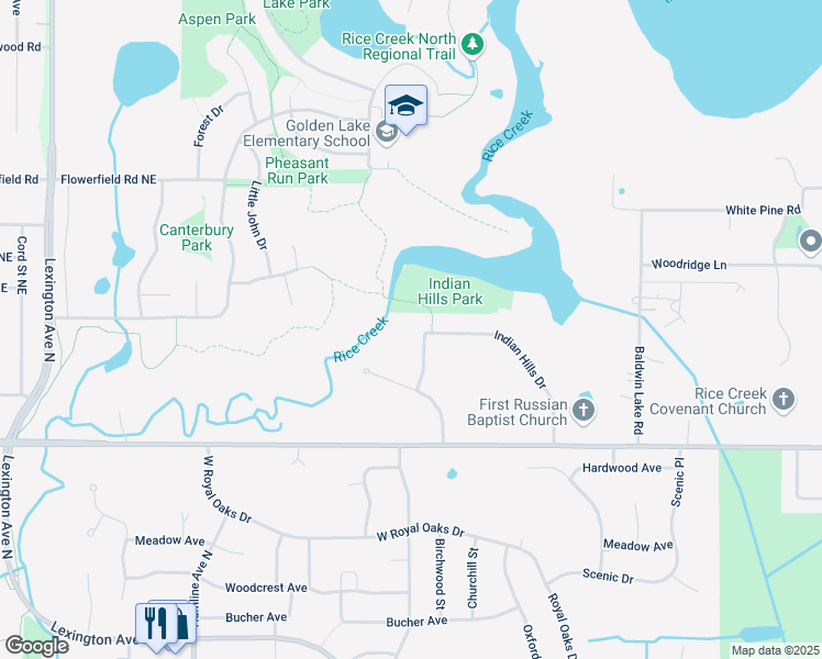 map of restaurants, bars, coffee shops, grocery stores, and more near 56 Indian Hills Drive in Circle Pines