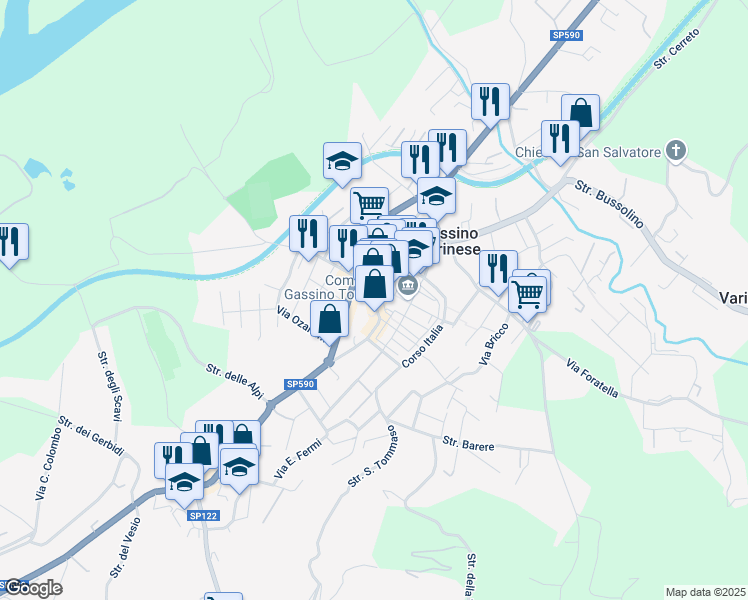 map of restaurants, bars, coffee shops, grocery stores, and more near 3A Vicolo Scalafiotti in Gassino Torinese
