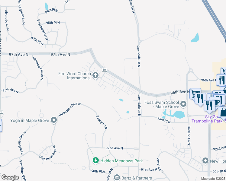 map of restaurants, bars, coffee shops, grocery stores, and more near 17701 96th Avenue North in Osseo