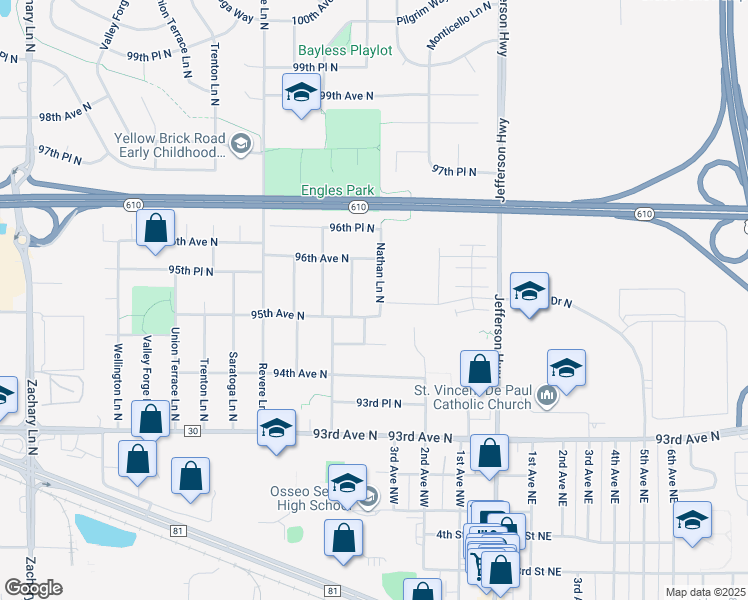 map of restaurants, bars, coffee shops, grocery stores, and more near 9515 Nathan Lane North in Maple Grove