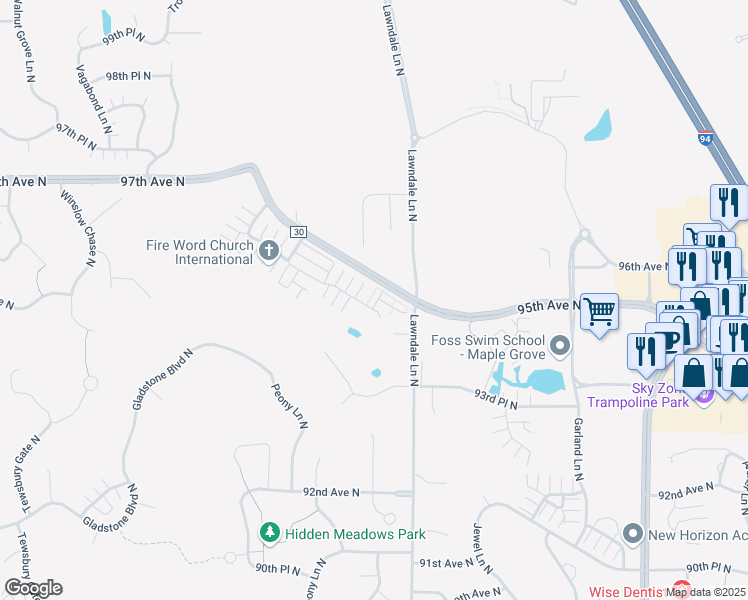 map of restaurants, bars, coffee shops, grocery stores, and more near 17564 96th Avenue North in Osseo
