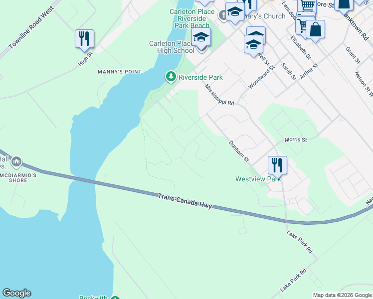 map of restaurants, bars, coffee shops, grocery stores, and more near 54 Griffith Way in Carleton Place