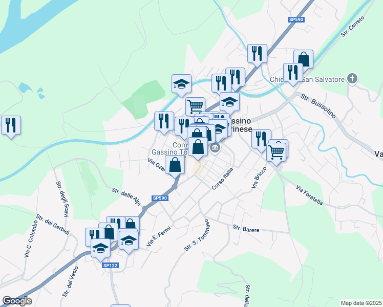 map of restaurants, bars, coffee shops, grocery stores, and more near 3A Vicolo Scalafiotti in Gassino Torinese