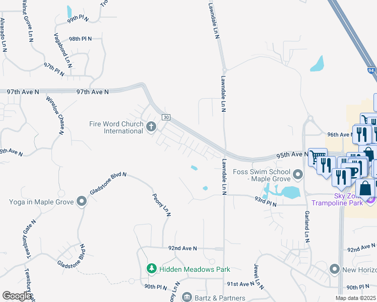map of restaurants, bars, coffee shops, grocery stores, and more near 17701 96th Avenue North in Osseo