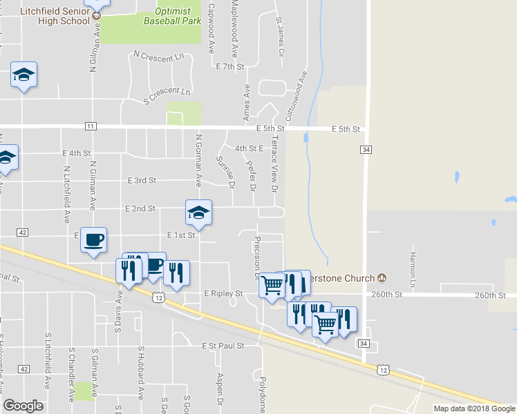 map of restaurants, bars, coffee shops, grocery stores, and more near 920 East 2nd Street in Litchfield