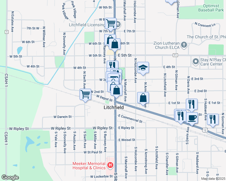 map of restaurants, bars, coffee shops, grocery stores, and more near 24 West 2nd Street in Litchfield