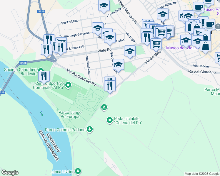 map of restaurants, bars, coffee shops, grocery stores, and more near Via Portinari del Po in Cremona