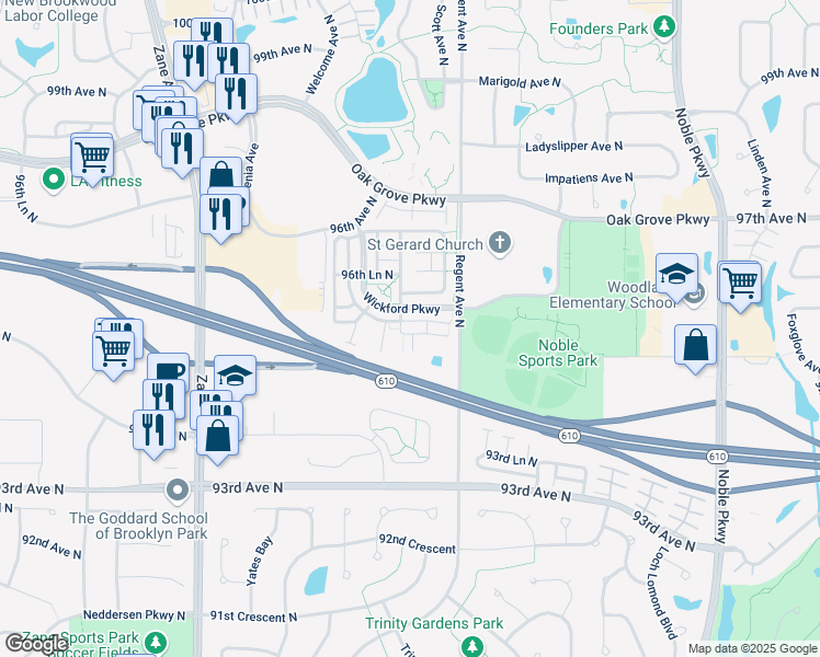 map of restaurants, bars, coffee shops, grocery stores, and more near 5164 95th Way North in Brooklyn Park
