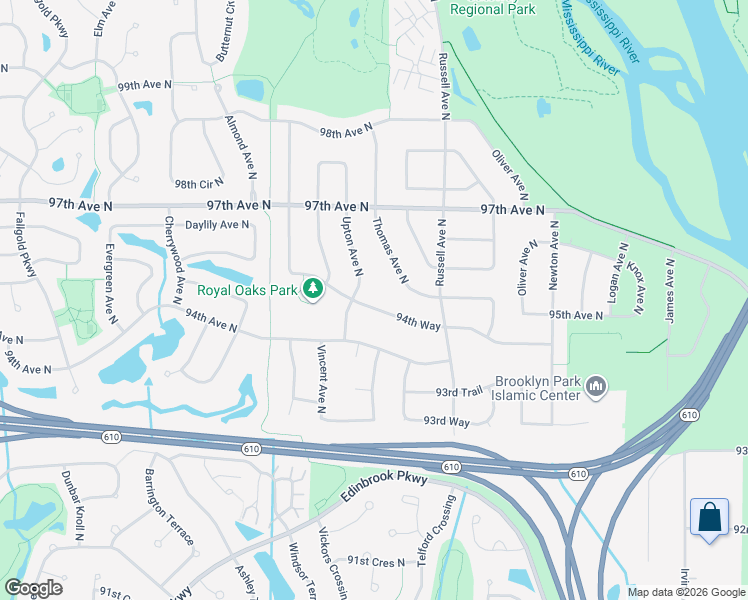 map of restaurants, bars, coffee shops, grocery stores, and more near 2722 94th Way in Brooklyn Park