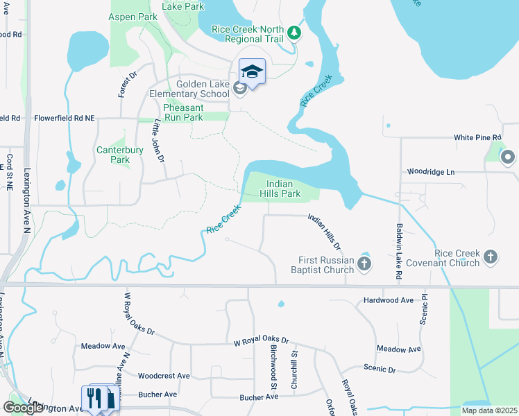 map of restaurants, bars, coffee shops, grocery stores, and more near 56 Indian Hills Drive in Circle Pines