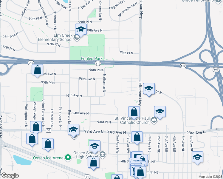 map of restaurants, bars, coffee shops, grocery stores, and more near 9515 Nathan Lane North in Maple Grove