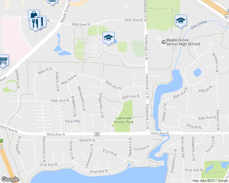 map of restaurants, bars, coffee shops, grocery stores, and more near 14670 95th Avenue North in Maple Grove