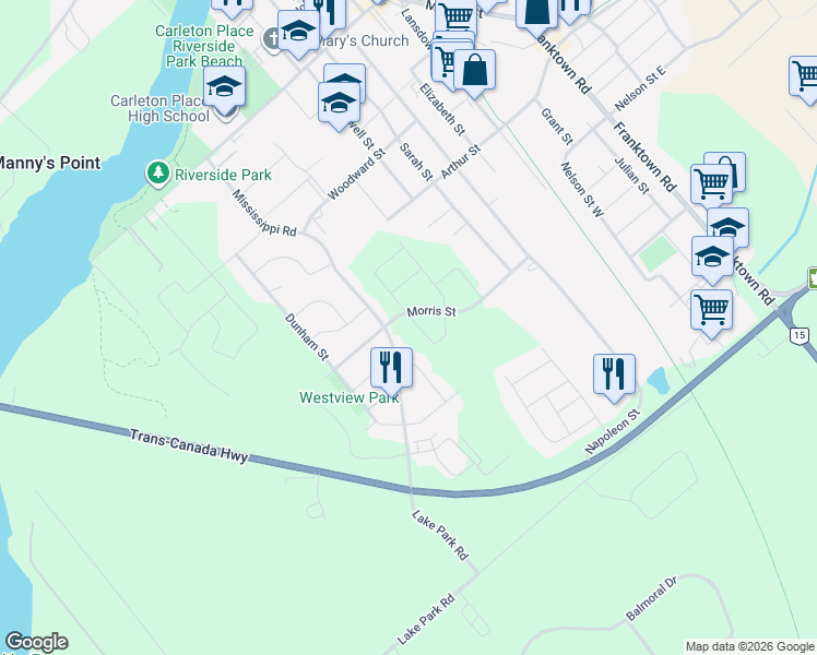 map of restaurants, bars, coffee shops, grocery stores, and more near in Carleton Place