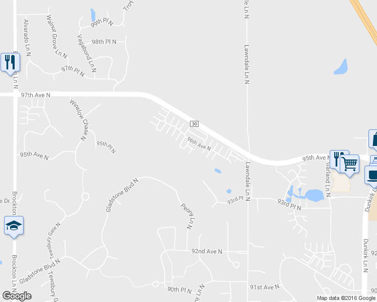 map of restaurants, bars, coffee shops, grocery stores, and more near 17853 96th Avenue North in Osseo