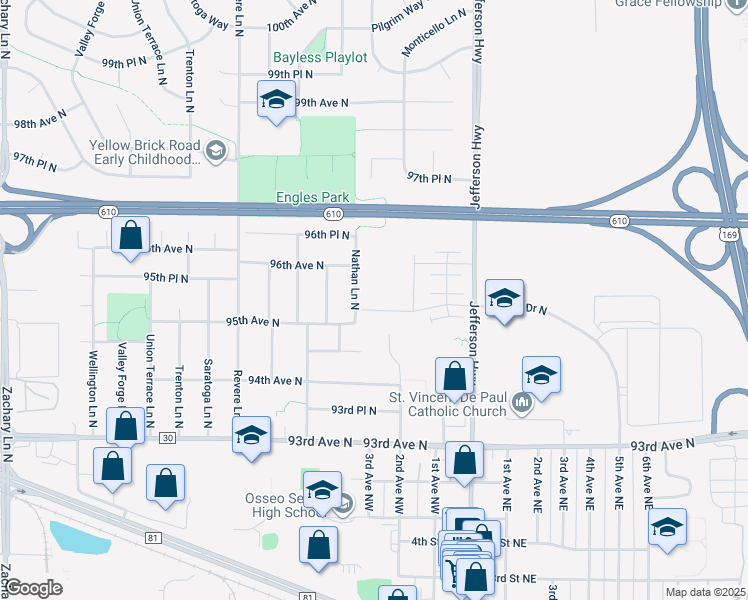map of restaurants, bars, coffee shops, grocery stores, and more near 9515 Nathan Lane North in Maple Grove