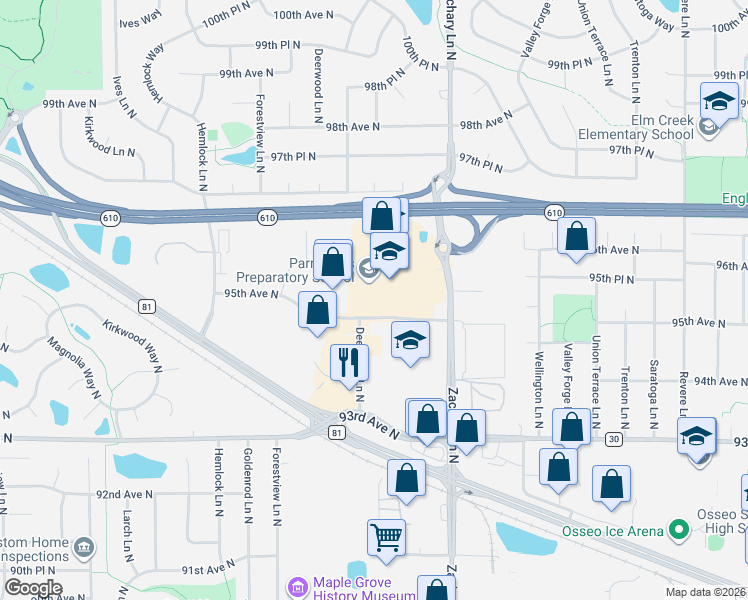 map of restaurants, bars, coffee shops, grocery stores, and more near 11398 95th Ave N in Maple Grove