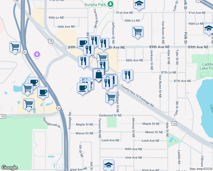 map of restaurants, bars, coffee shops, grocery stores, and more near 595 Northtown Drive Northeast in Blaine